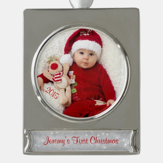 Baby eerste kerstfotosjabloon verzilverd banner ornament (Voorkant)