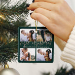 Baby eerste kerstgroen Gold-script vier foto's Keramisch Ornament<br><div class="desc">Het eerste kerstfeest van Elegant baby is vier foto-collage-kanselier. De eerste kerstfoto van de groene en gouden baby's is een goede versiering die aangepast kan worden aan de naam van de baby en vier foto's op de voor- en achterkant. Elegant "first Kerstmis" faux gouden script.</div>