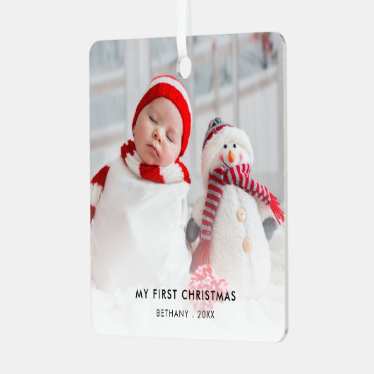 Baby Eerste kerstjaar Aangepaste foto-naam jaar Metalen Ornament (Voorkant links)