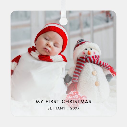 Baby Eerste kerstjaar Aangepaste foto-naam jaar Metalen Ornament (Voorkant)