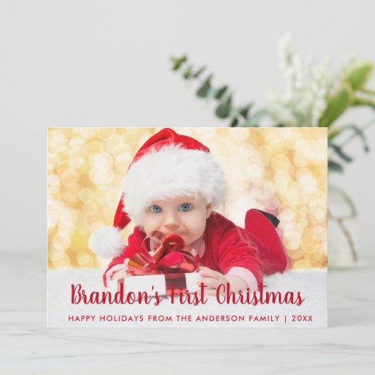 Baby eerste kerstkaart met rood script RS Kaart (Staand voorkant)