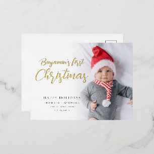 Baby eerste kerstkalligrafie foto Luxe Real Folie Feestdagen Briefkaart