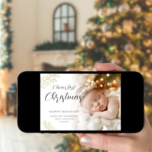 Baby Eerste kerstkalligrafie verlaat foto Feestdagenkaart