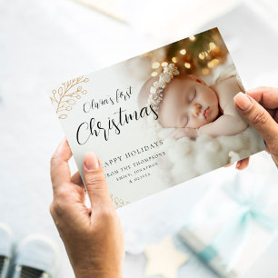 Baby Eerste kerstkalligrafie verlaat foto Feestdagenkaart