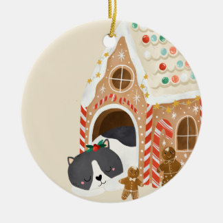 Baby Eerste Kerstkat in een peperkoek huis Keramisch Ornament