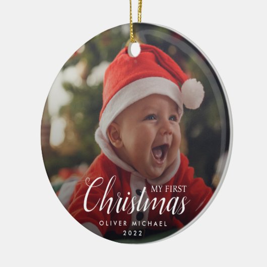 Baby Eerste Kerstkerst Elegant Moderne Foto Keepom Keramisch Ornament (Links)