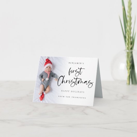 Baby Eerste Kerstkerstcadeaufotonaamscript Feestdagen Kaart (Voorkant)
