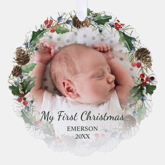 Baby Eerste Kerstkrans 2 Foto Ornament Kaart (Voorkant)