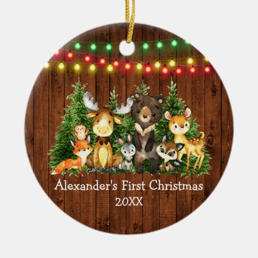 Baby eerste kerstlampjes bosdieren Rustisch Keramisch Ornament (Voorkant)