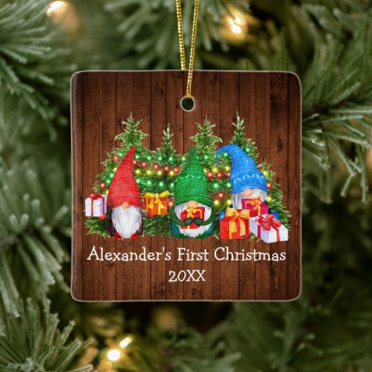 Baby Eerste kerstlampjes Gnomes Rustic Square Keramisch Ornament (Boom)