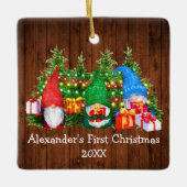 Baby Eerste kerstlampjes Gnomes Rustic Square Keramisch Ornament (Voorkant)