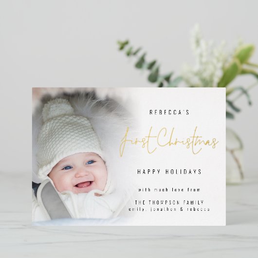 Baby eerste kerstluxe  met fotooverlay folie feestdagenkaart (Staand Voorkant)