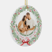 Baby Eerste Kerstmis Aangepaste 2-foto & Geboortes Keramisch Ornament (Rechts)