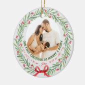 Baby Eerste Kerstmis Aangepaste 2-foto & Geboortes Keramisch Ornament (Links)