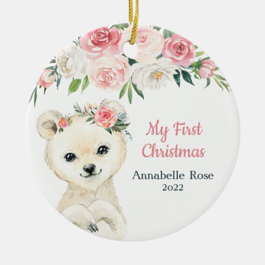 Baby eerste kerstmis Blush Roos Beer Keramisch Ornament (Voorkant)