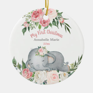 Baby Eerste Kerstmis Blush Roos Elephant Keramisch Ornament