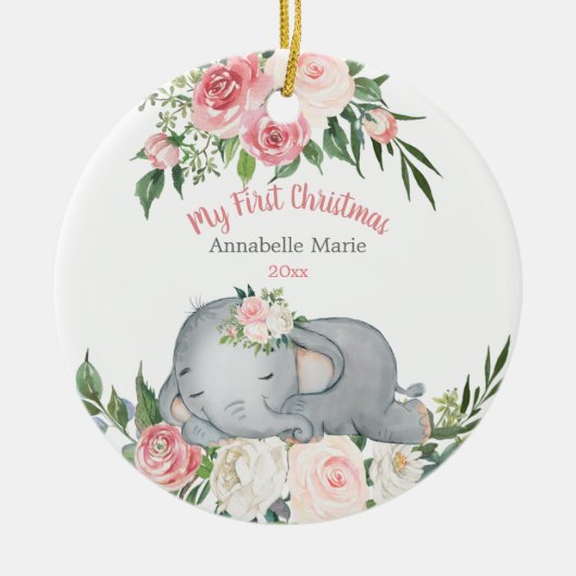 Baby Eerste Kerstmis Blush Roos Elephant Keramisch Ornament (Voorkant)