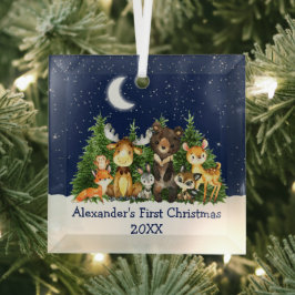 Baby Eerste Kerstmis Bosdieren Blauw Glas Ornament