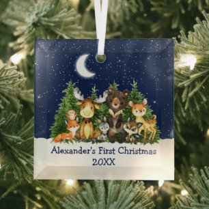 Baby Eerste Kerstmis Bosdieren Blauw Glas Ornament