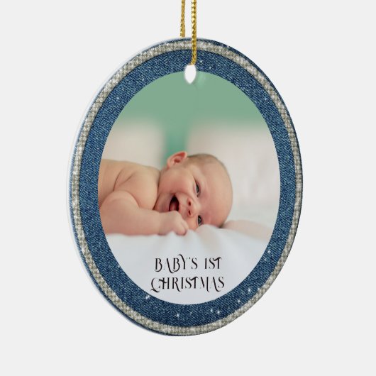 Baby eerste kerstmis Denim Rhinestones Snowflakes Keramisch Ornament (Rechts)