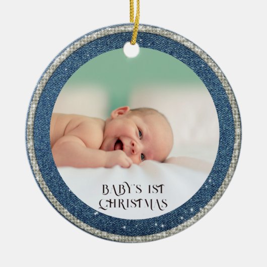Baby eerste kerstmis Denim Rhinestones Snowflakes Keramisch Ornament (Voorkant)