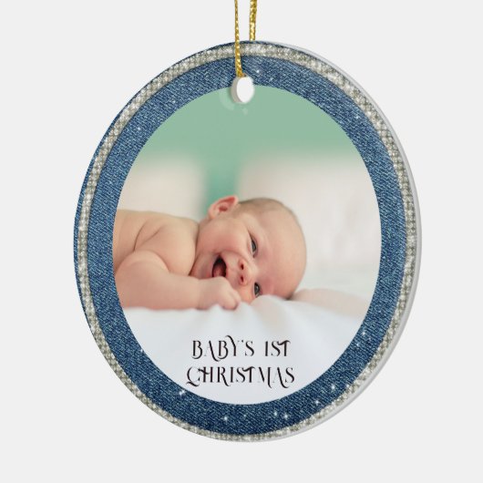 Baby eerste kerstmis Denim Rhinestones Snowflakes Keramisch Ornament (Links)