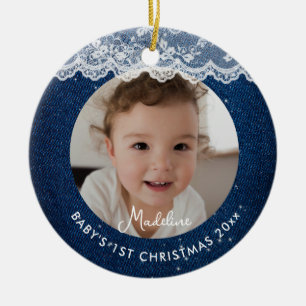 Baby Eerste Kerstmis Denim Rustieke Kant Blauw Wit Keramisch Ornament