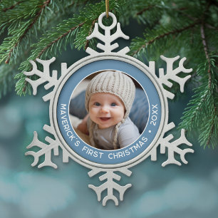 Baby Eerste Kerstmis Eenvoudige Pastel Denim Blue  Tin Sneeuwvlok Ornament