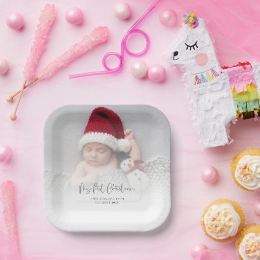Baby Eerste Kerstmis foto Overlay Script naam Papieren Bordje (Feest)