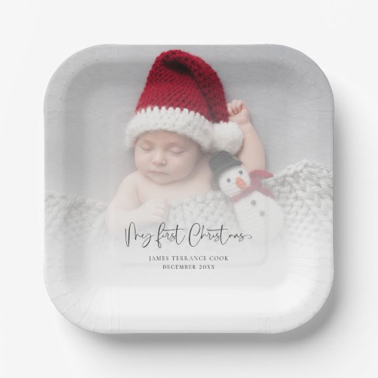 Baby Eerste Kerstmis foto Overlay Script naam Papieren Bordje (Voorkant)
