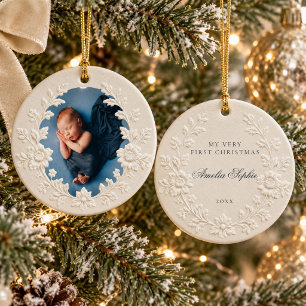 Baby Eerste Kerstmis Foto Reliëf Bloemenkrans Keramisch Ornament