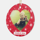 Baby Eerste Kerstmis Foto Rode Sneeuwvlok Keramisch Ornament (Links)