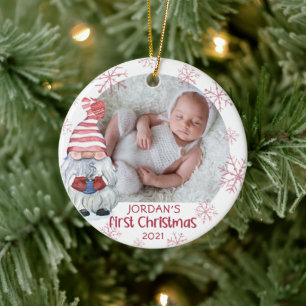 Baby eerste Kerstmis foto Roze Snowflake 2 Keramisch Ornament