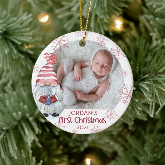 Baby eerste Kerstmis foto Roze Snowflake 2 Keramisch Ornament (Boom)