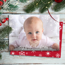 Baby Eerste Kerstmis Foto Sneeuwvlokken Typografie Feestdagenkaart