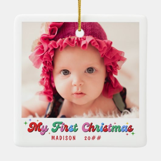 Baby Eerste Kerstmis Fotonaam en Jaar Classic Keramisch Ornament (Achterkant)