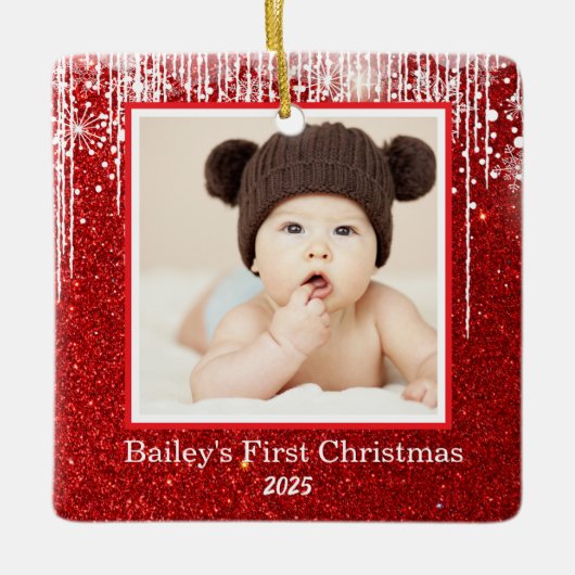 Baby Eerste Kerstmis Fotonaam Keramisch Ornament (Voorkant)