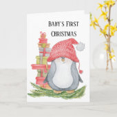 Baby Eerste Kerstmis met pinguïn en Cadeaus Kaart (Gele Bloem)