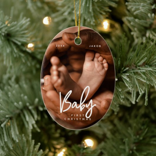 Baby Eerste Kerstmis Modern Elegant Chic Foto Keramisch Ornament (Boom)