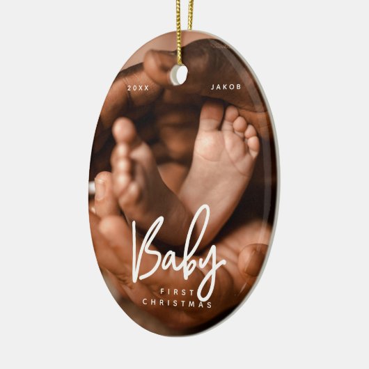 Baby Eerste Kerstmis Modern Elegant Chic Foto Keramisch Ornament (Links)