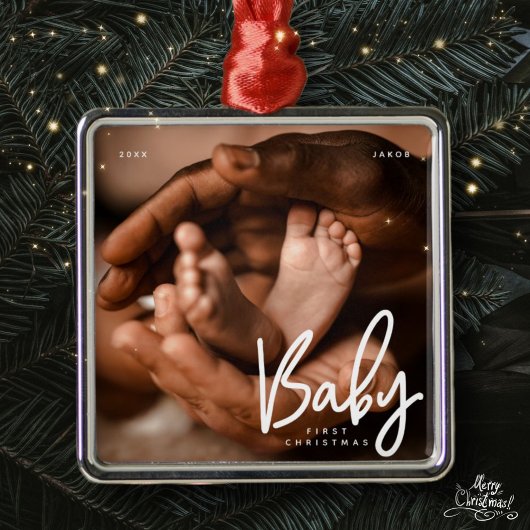 Baby Eerste Kerstmis Modern Elegant Chic Foto Metalen Ornament