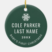 Baby eerste Kerstmis Modern Green Stripes Foto Keramisch Ornament (Achterkant)