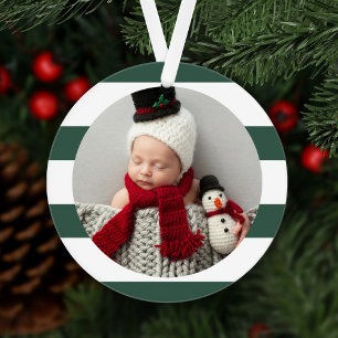 Baby Eerste Kerstmis Modern Groene Strepen Foto Ornament