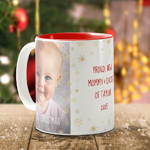 Baby eerste Kerstmis Nieuwe mam Pap Snowflakes 2 F Tweekleurige Koffiemok