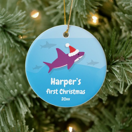 Baby Eerste Kerstmis Paarse haai Keramisch Ornament (Boom)