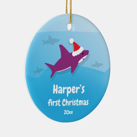 Baby Eerste Kerstmis Paarse haai Keramisch Ornament (Rechts)