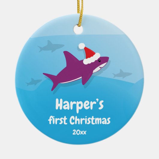 Baby Eerste Kerstmis Paarse haai Keramisch Ornament (Voorkant)
