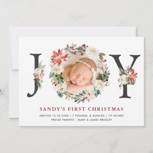 Baby eerste Kerstmis: Poinsettia Ivory Floral Foto Feestdagenkaart (Voorkant)