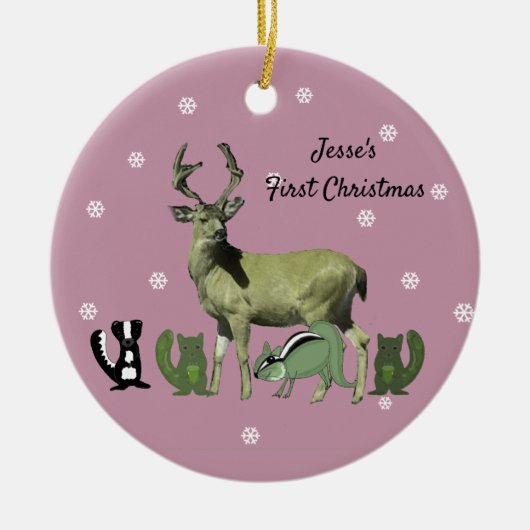 Baby Eerste Kerstmis Roze Bosdieren Ornament (Voorkant)