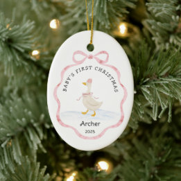 Baby Eerste Kerstmis Roze Waterverf Lint Gans Keramisch Ornament